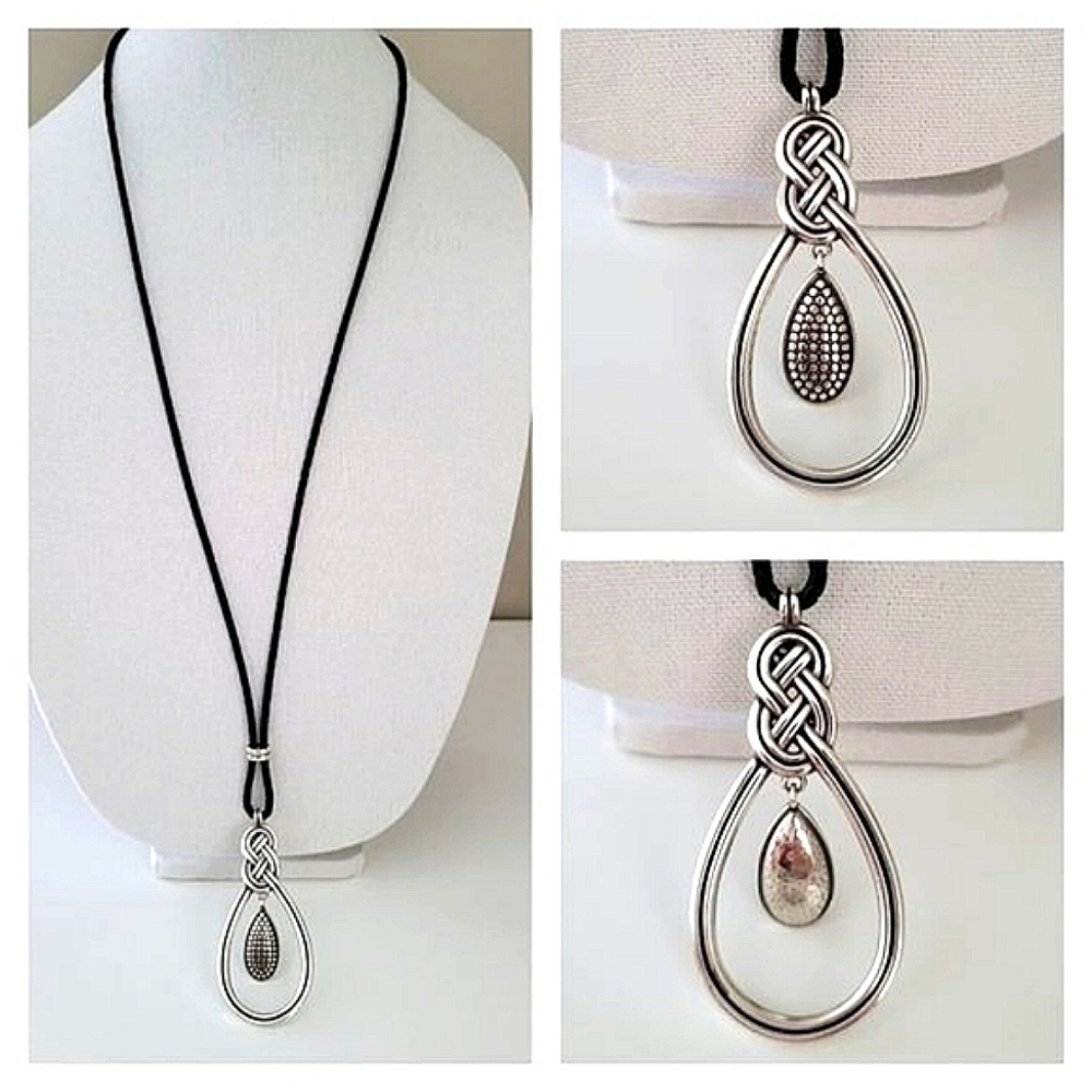 Necklace Black Leather & Silver Tone Metal Pendant Necklace #0343